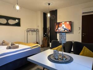 萨拉热窝Apartments Old Town的客房设有一张床和一张桌子及电视