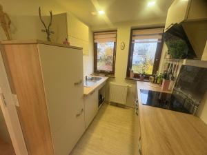 a kitchen with a white refrigerator and a sink at Ferienwohnung Osterode in Freiheit