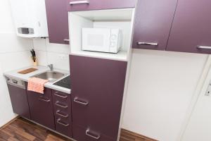 a small kitchen with purple cabinets and a microwave at Apartment Haberlgasse in Vienna