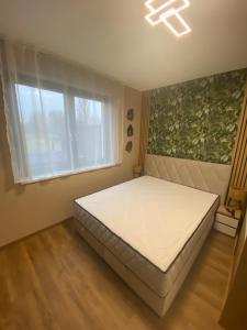 ein Schlafzimmer mit einem Bett in einem Zimmer mit einem Fenster in der Unterkunft Waikiki Apartman House with Jacuzzi in Siófok + 36 Fotos