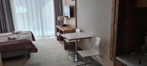 ein Hotelzimmer mit einem Bett, einem Schreibtisch und einem Waschbecken in der Unterkunft Aparthotel Apartamenty Czarna Góra 131 in Heudorf