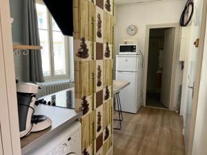 ネリ・レ・バンにあるAppartement confortable à Néris-les-Bains avec parking gratuitのシンクとカウンタートップのあるキッチン