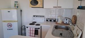 Una pequeña cocina con fregadero y refrigerador. en Unit 75 Hermanus Beach Club, en Hermanus