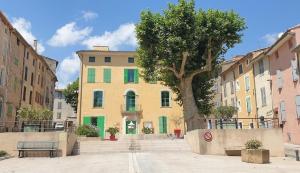 Un árbol frente a un edificio amarillo con persianas verdes. en Logement indépendant C & D, en Lorgues