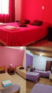 2 fotos de una habitación con cama roja en Hospedaje el buen descanso, en Gobernador Gregores