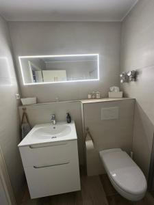 a bathroom with a sink and a toilet and a mirror at Familienfreundliche FEWO in bester Lage in Offenburg
