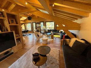 Televízia a/alebo spoločenská miestnosť v ubytovaní Chalet les 3 cerfs