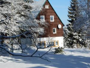 ein großes Holzhaus im Schnee mit Bäumen in der Unterkunft Pension Haus Pentacon in Kurort Altenberg