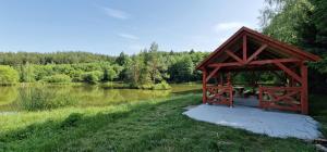 drewniany pawilon obok rzeki z drzewami w obiekcie Lux Apartment Modern w Polanicy Zdroju