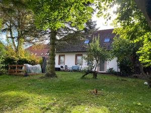 a white house with a yard with a tree at Landurlaub Mecklenburgische Seenplatte B Waren Müritz in Schwarzenhof