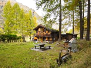 a log cabin with a picnic table in front of it at Holiday Home Lätthaus Rot by Interhome in Täsch
