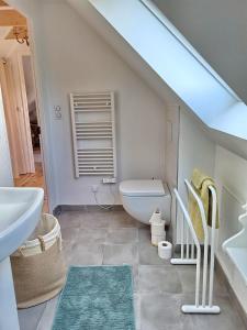 une salle de bain avec des toilettes blanches et un lavabo dans l'établissement 728-Belle renovation-Vue mer-Top roof-Grand confor, à Plouhinec
