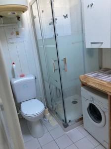bagno con doccia, servizi igienici e lavatrice. di Chambre La Poulpiquet ad Ars-en-Ré