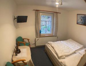 a bedroom with a bed and a desk and a window at Chata Paperule in Horní Maršov