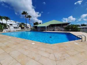 a large blue swimming pool with a building and palm trees at L Opacarophile Studio Marina du Gosier in Le Gosier