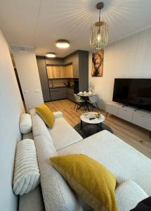 a living room with a couch and a flat screen tv at Grēdu Rezidence in Rīga