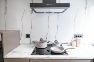 a kitchen with a stove with two pots and pans at Oikos Charming Island Retreat in Platánion