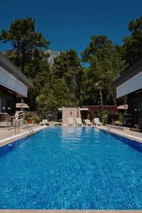 a large blue swimming pool with chairs and trees at Kemer Green Park Villa in Kemer
