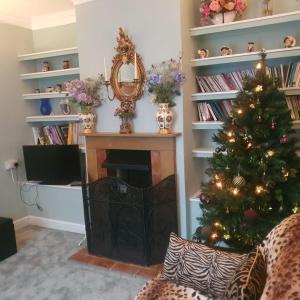 een woonkamer met een kerstboom en een open haard bij St Julians house in Shrewsbury