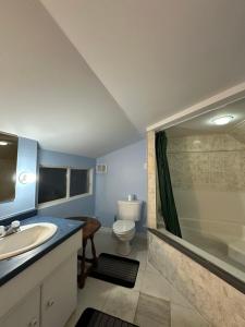 a bathroom with a sink and a toilet and a shower at Thessalon Heritage Nook on Hghwy 17- Space Share in Thessalon +76 photos