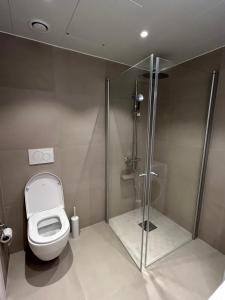 a bathroom with a toilet and a shower at City Center ocean view Vervet apartment in Tromsø +17 photos