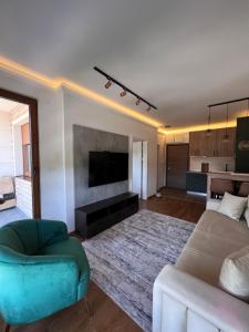 Una sala de estar con un sofá y un televisor en Apartman TARA, en Zlatibor