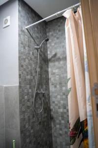 a shower in a bathroom with a tile wall at Cosy appartement 2 BR avec vue panoramique piscine in Aïn Harrouda
