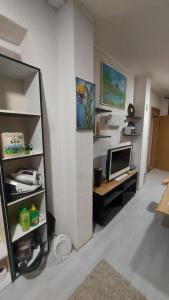 Zimmer mit einem Schreibtisch, einem Computer und einem Spiegel in der Unterkunft Apartments Hamidović in Tuzla