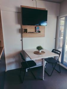 a white table with two chairs and a potted plant on it at Mobile homes Laguna, beach Porat, Drage in Drage