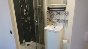 a bathroom with a shower and a sink at Le Black Dog Pub in Saint-Aignan +57 photos