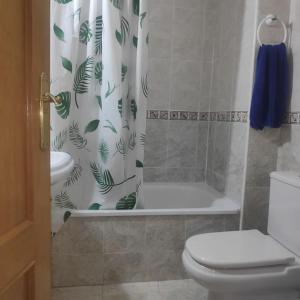 a bathroom with a toilet and a shower curtain at Apartamento Soler Dreams Cehegín in Cehegín