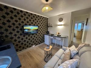 ヴァランシエンヌにあるLeRelaisdOdile - Studio Confort - Proche Hôpital - Idéal Couple & Travailleur- Accès Autoroute Rapideのソファと壁掛けテレビのあるリビングルーム