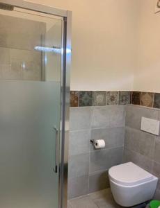un bagno con wc e doccia in vetro di La casa di Ely a Viareggio Altre 11 foto