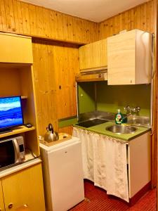 Una pequeña cocina con fregadero y microondas. en Holiday Apartment, en Abetone