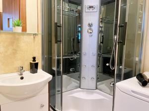 ヴァウブジフにあるApartament Książęca Góraのシャワーと洗面台付きのバスルーム +26枚の写真
