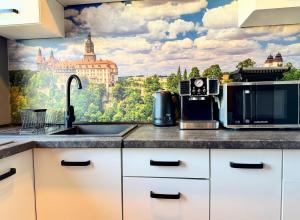 ヴァウブジフにあるApartament Książęca Góraのシンクと街の壁画のあるキッチン