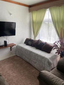 a living room with a bed and a large window at New Kingston Gem in Kingston