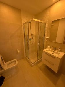 a bathroom with a shower and a toilet and a sink at Cataleya Suites Apartament's in Bucharest
