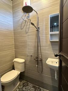 a bathroom with a shower with a toilet and a sink at Topaz Bed & Breakfast Hotel in San Jose