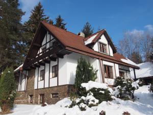 a house with snow in front of it at Chalúpka pod Lipkami in Kremnica