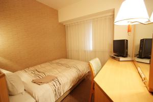a small room with a bed and a television at Kanazawa Manten Hotel Ekimae in Kanazawa