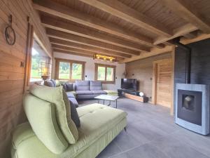 a living room with a couch and a fireplace at Chalet familial avec sauna et terrasse près du lac - FR-1-589-758 in Xonrupt-Longemer