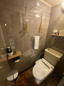 Un baño con inodoro blanco y ducha. en Central Osaka 天神橋筋六丁目駅徒歩2分 屋上テラス付き一軒家 天満居酒屋街2分 梅田10分 難波15分, en Osaka 30 fotos más