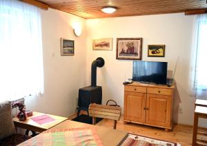 a living room with a wood stove and a tv at Vikendica Mašan in Pale