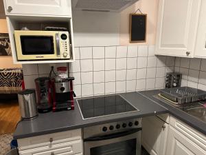 a kitchen with a sink and a microwave at Ruhige Toplage im Zentrum in Karlsruhe