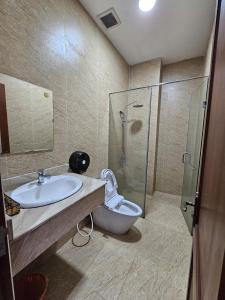 大叻Lana Home ĐàLạt的浴室里有马桶、洗手池和淋浴。