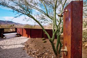 un cactus seduto accanto a un edificio con un albero di Sacred Sands - Lobo Luna a Joshua Tree Altre 57 foto
