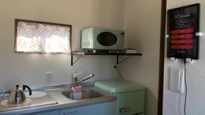 une cuisine avec un évier et un micro-ondes dans l'établissement Awaji Island Trailer House Rental Villa Yunetomari Akashi, à Awaji