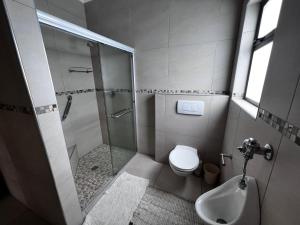 ein Badezimmer mit Dusche, Toilette und Waschbecken in der Unterkunft Leadwood Flat in Mondesa
