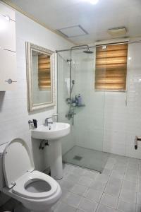ein Badezimmer mit Toilette, Waschbecken und Dusche in der Unterkunft tebaz in Jeju-do